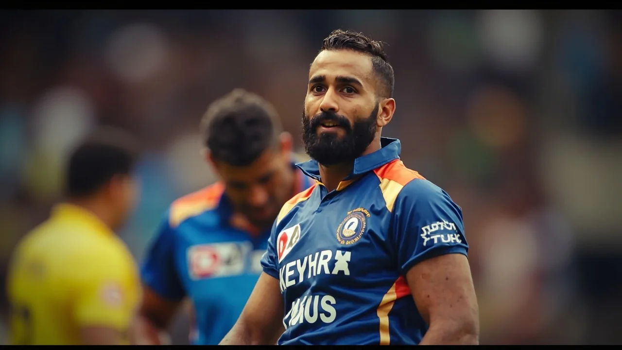 Close-up sideline frame of a young Indian batter in blue kit walking off the Harare Sports Club outfield with a bat under his arm after his T20I innings
