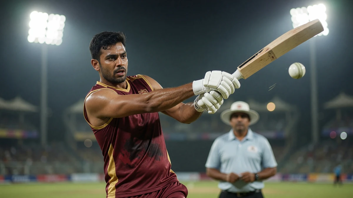 Batter in a maroon and gold sleeveless kit swinging through a shot under night floodlights with the ball in the air