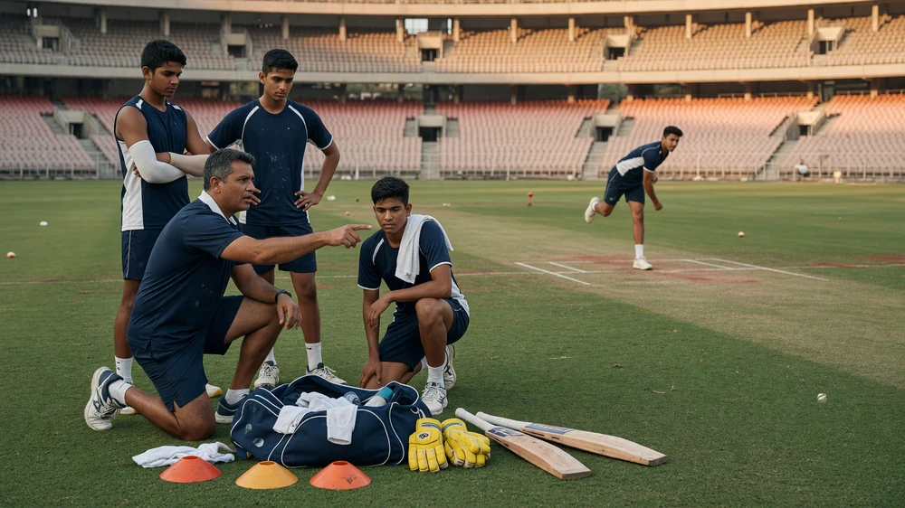 Coach in navy kneeling on the outfield pointing while young players in navy practice kits listen beside kit bags and cones