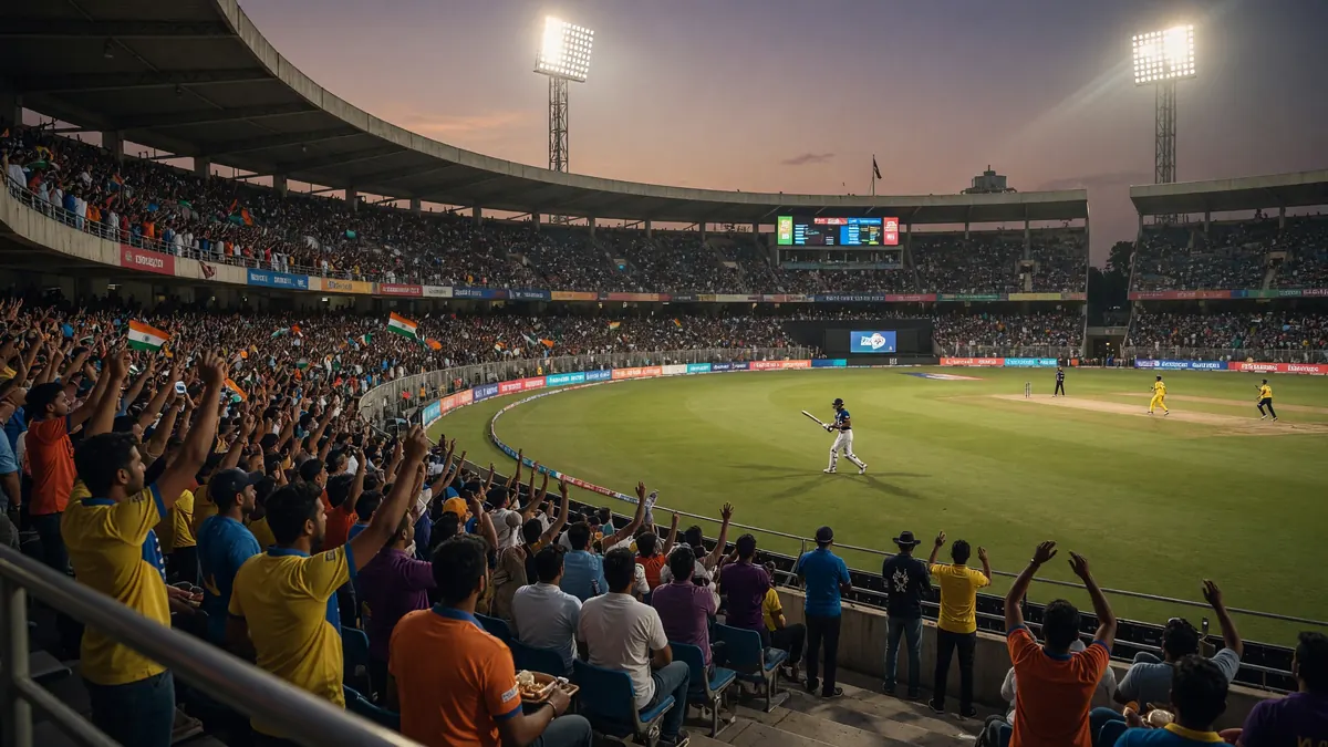 Packed cricket stadium at dusk with floodlights on for Temasek IPL investment story
