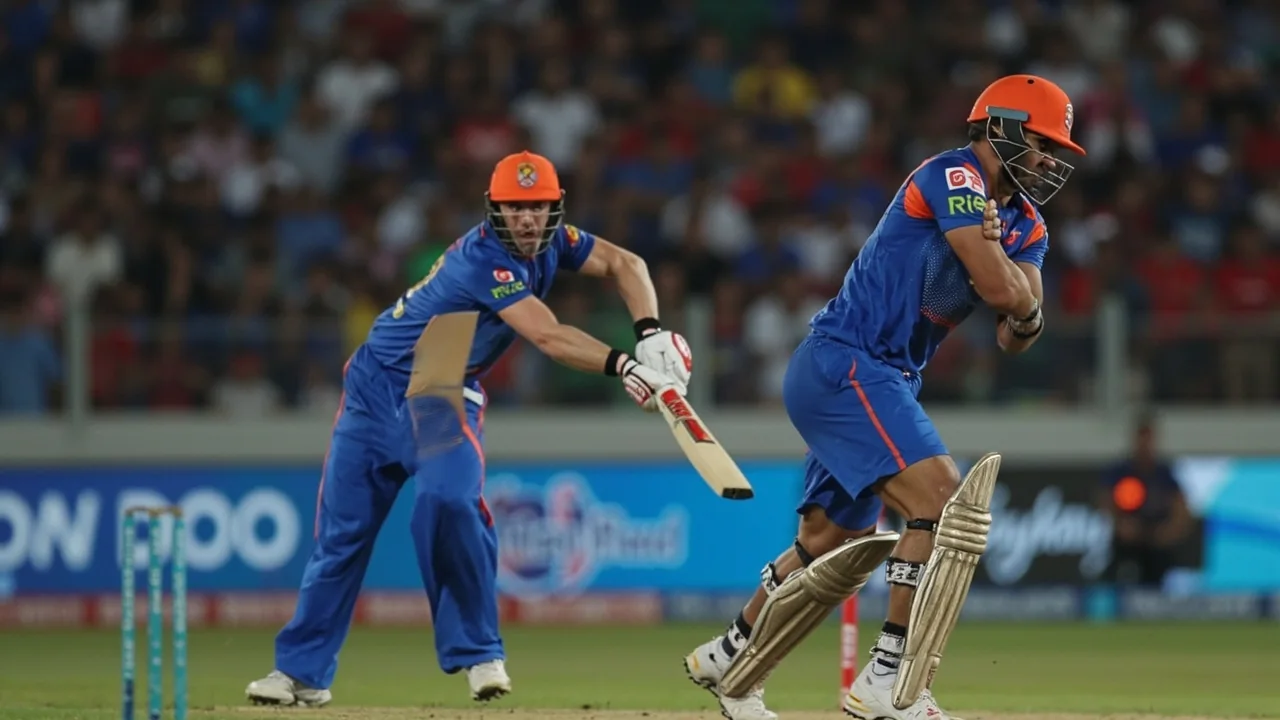 Tight sideline frame of an IPL batter following through on a shot during a powerplay over, the kind of action moment that drives the broadcast and sponsorship numbers the 2026 valuation is built on