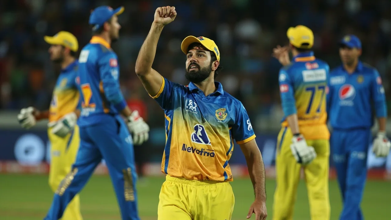 Medium-distance tactical scene of an IPL fielding unit repositioning between overs, the kind of setup work that is part of the on-field product the league sells to broadcasters and sponsors